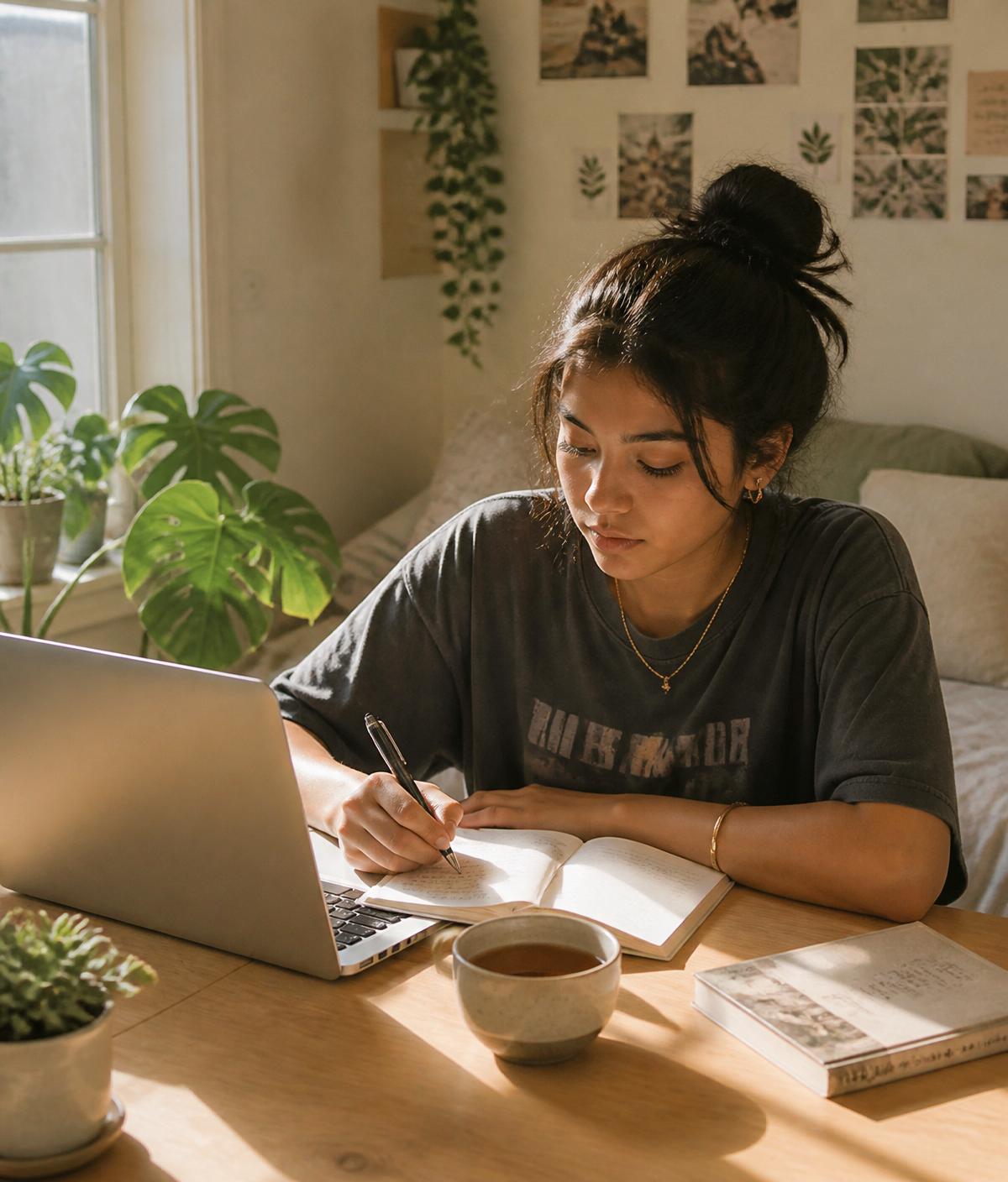 Isabela working at her desk